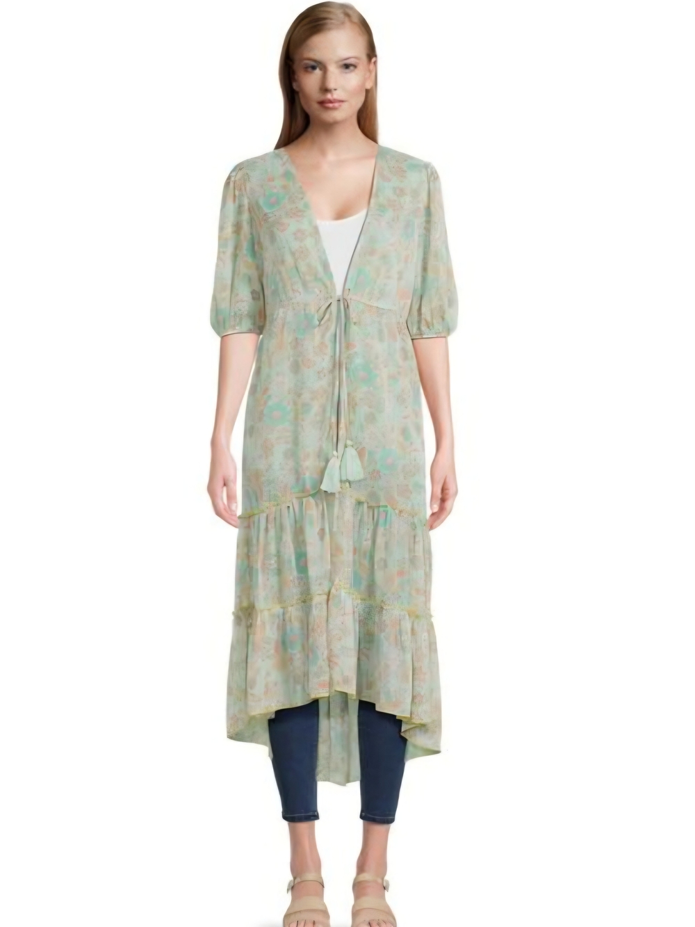 Duster Kimono Light Green Floral Tie-Front Maxi